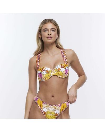 River Island Balconette Bikini Top Orange Floral Nylon - Multicolour