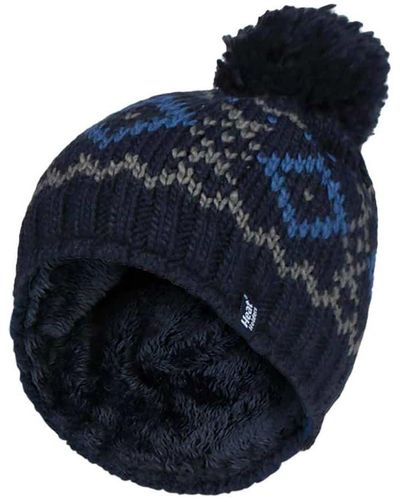 Heat Holders Fleece Lined Thermal Winter Warm Beanie Bobble Hat With Pom Pom - Blue
