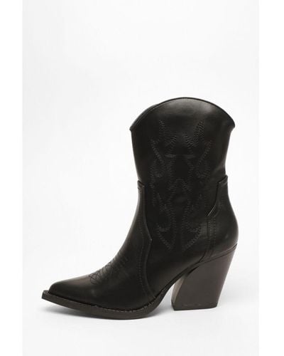 Quiz Faux Leather Western Ankle Boots - Black