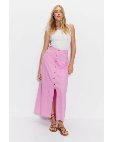 Warehouse Linen Button Detail Midi Skirt - Pink