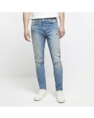 River Island Skinny Jeans Washed Blue Fit Stacked Ripped Cotton