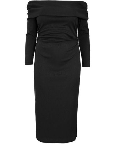 Quiz Curve Ribbed Bardot Bodycon Midi Dress - Black