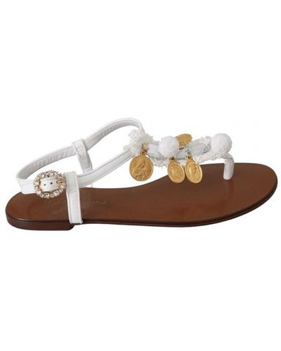 Dolce & Gabbana Leather Coins Flip Flops Sandals Shoes - White