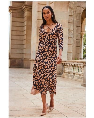 Sosandar Leopard Print Cross Strap Midi Jersey Dress - Brown