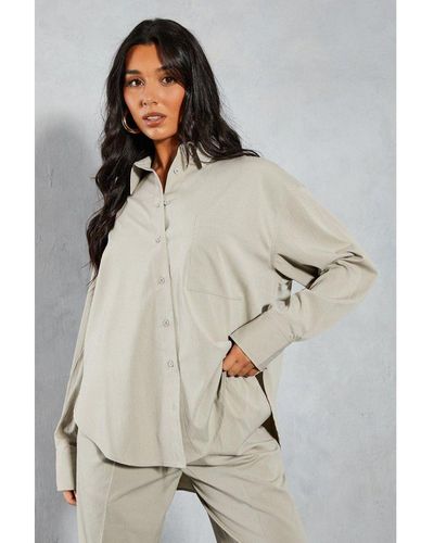 MissPap Textured Oversized Pocket Curved Hem Shirt - Grey