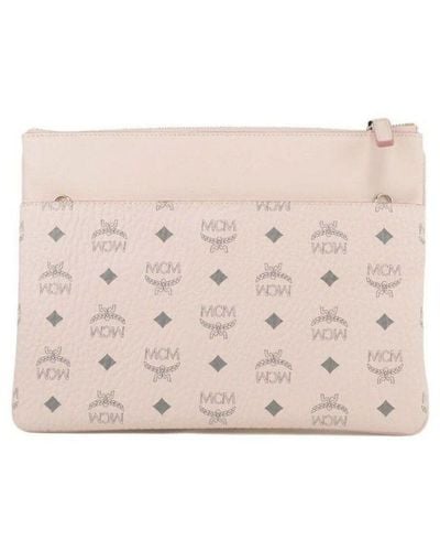 MCM Portuna Medium Visetos Powder Pink Coated Canvas Flat Pouch Crossbody Bag Leather - Natural