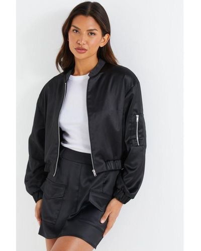 Quiz Satin Bomber Jacket - Black