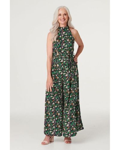 Izabel London Navy Ditsy Floral High Neck Jumpsuit - Green