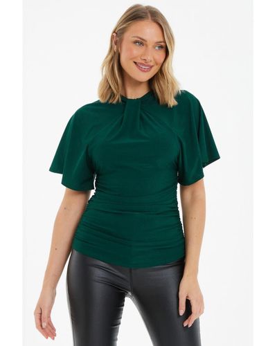 Quiz Bottle Batwing Ruched Top Nylon - Green