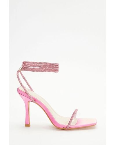 Quiz Pink Satin Clear Ankle Tie Heeled Sandals