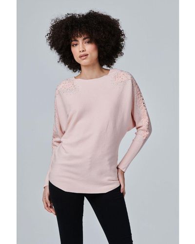 Izabel London Lace Sleeve Knit Top - Pink