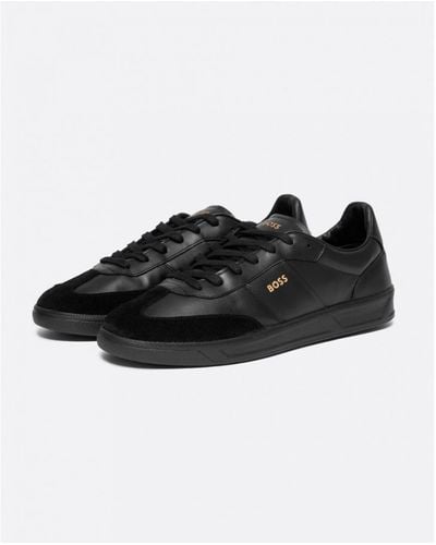 BOSS Brandon Leather And Suede Trainers With Embossed Logos - Black