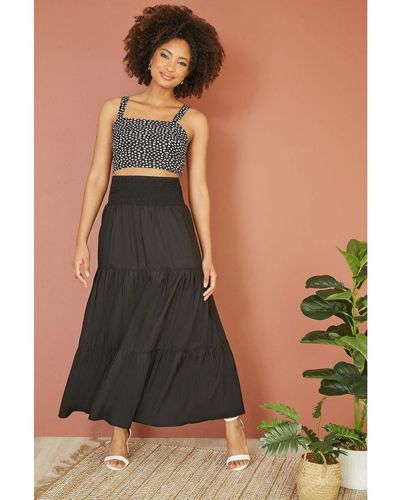 Yumi' Ruched Waist Tiered Midi Skirt Cotton - Black
