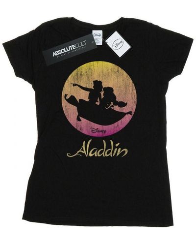 Disney Ladies Aladdin Flying Sunset Cotton T-Shirt () - Black