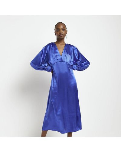 River Island Swing Midi Dress Blue Satin Long Sleeve