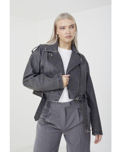 Brave Soul Black 'vic' Faux Leather Cropped Biker Jacket - Grey