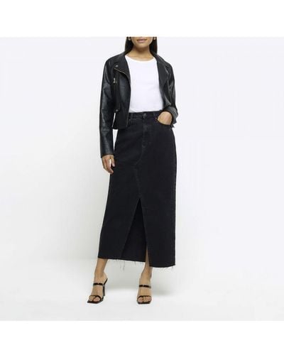 River Island Midi Skirt Black Split Front Denim Cotton