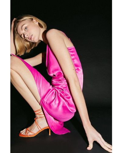 Warehouse Satin Wrap Ruched Slip Midi Dress - Pink