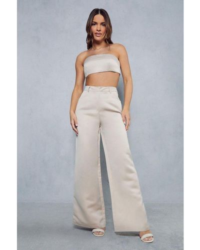 MissPap Premium Tailored Satin High Waisted Wide Leg Trousers - Grey