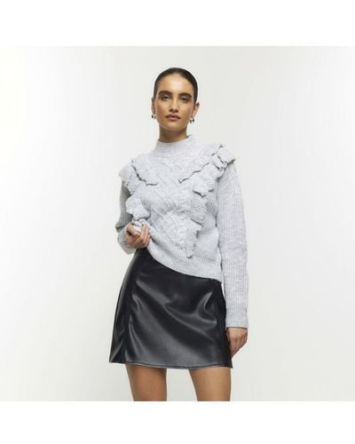 River Island Jumper Grey Cable Knit Frill - White