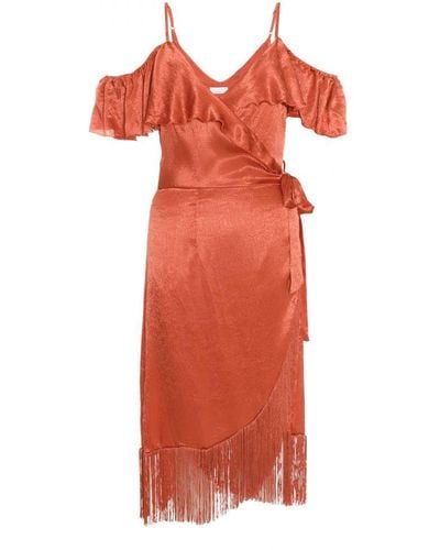 Quiz Rust Satin Cold Shoulder Fringe Hem Midi Dress - Red