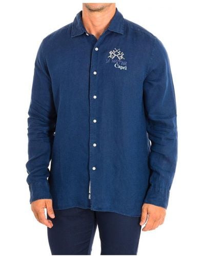 La Martina Long Sleeve Shirt Tmc311-tl319 Linen - Blue