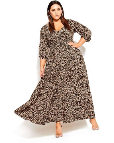 City Chic Plus Size Cheetah Maxi Dress 3/4 Sleeves V-neck - Sand - Brown