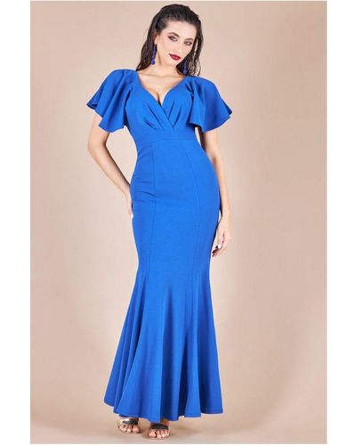 Goddiva Flared Sleeve Front Wrap Maxi Dress - Blue