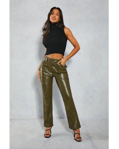 MissPap Leather Look Utility Cargo Straight Leg Trouser - Green