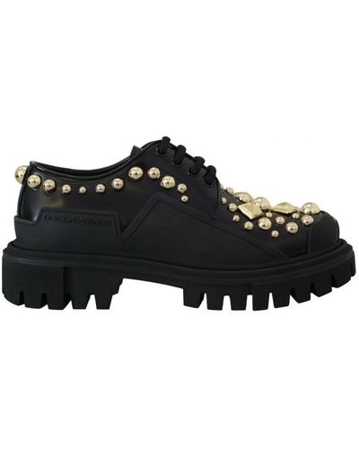 Dolce & Gabbana Polished Leather Trekking Derby With Gold Stud Pattern - Black