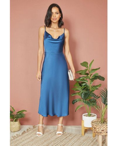 Yumi' Navy Satin Cowl Neck Midi Slip Dress - Blue