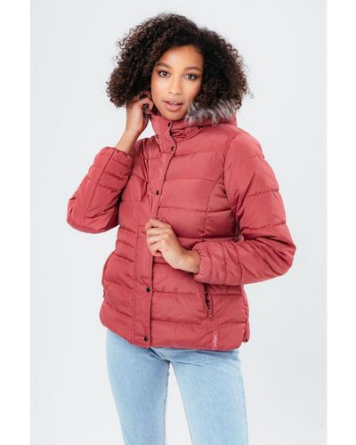 Hype Rosy Short Length Padded Coat With Fur - Red