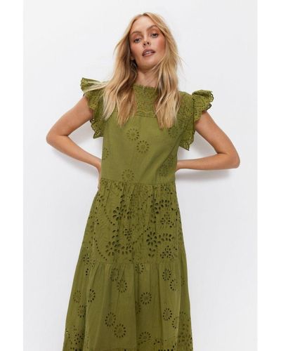Warehouse Broderie Mix Tiered Midi Dress Cotton - Green