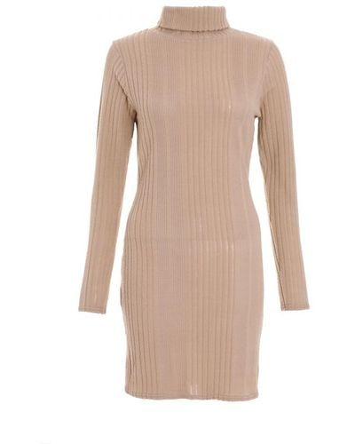 Quiz Knitted High Neck Bodycon Mini Dress - Natural