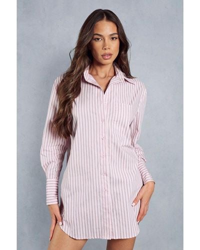 MissPap Pinstripe Long Sleeve Shirt Dress - Pink