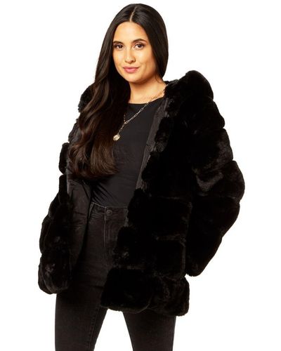 Gini London Horizontal Cut Fur Hooded Jacket - Black