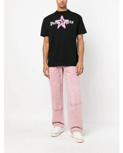 Palm Angels Pink Star Sprayed Logo-print T-shirt Black Cotton