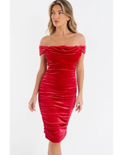 Quiz Velvet Bardot Midi Dress - Red