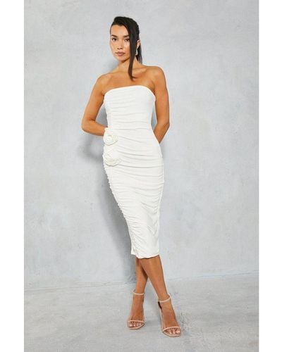MissPap Ruched Bandeau Corsage Midi Dress - White