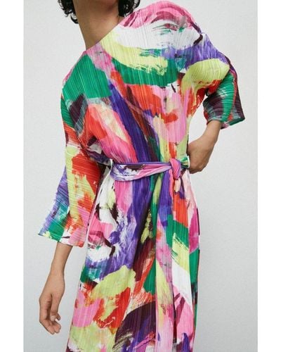 Warehouse Petite Printed Plisse Batwing Midi Dress - Multicolour