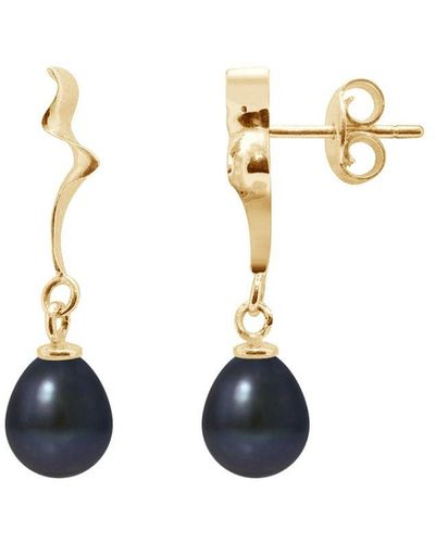 Blue Pearls Oorhangers Van Geelgoud (375/1000) Met Zwarte Zoetwaterparel. - Blauw