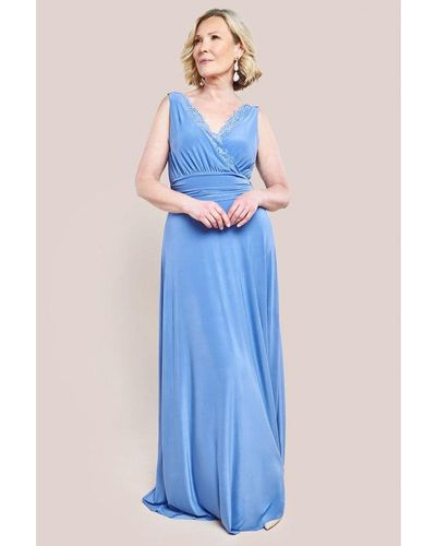 Goddiva Diamante & Scalloped Lace Neck Maxi Dress - Blue