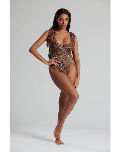 South Beach Leopard Suit With Underwire And Mesh Overlay Tie Detail - Grey