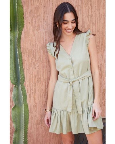 Threadbare 'Suzy' Linen Blend Frill Sleeve Mini Dress - Green