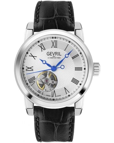 Gevril Madison Swiss Automatic Stainless Steel Silver Dial Black Leather Watch - Grey