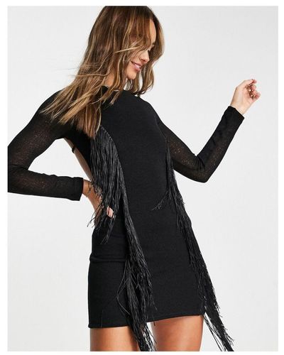 ASOS Long Flare Sleeve Mini Dress With Fringing - Black