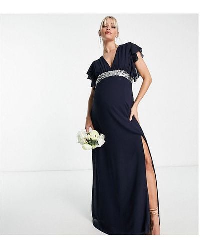 TFNC London Maternity Bridesmaid Chiffon Maxi Dress With Flutter Sleeve And Embellished Waist - Blue