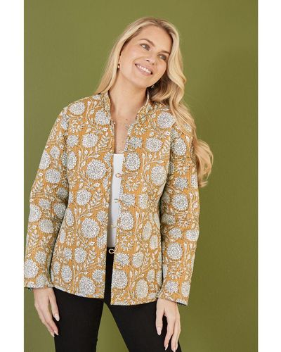 Yumi' Floral Print Reversible Cotton Quilted Jacket - Green