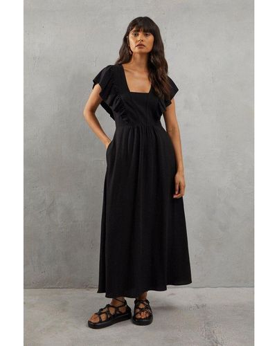 Warehouse Linen Frill Neck Plunge Midi Dress - Black