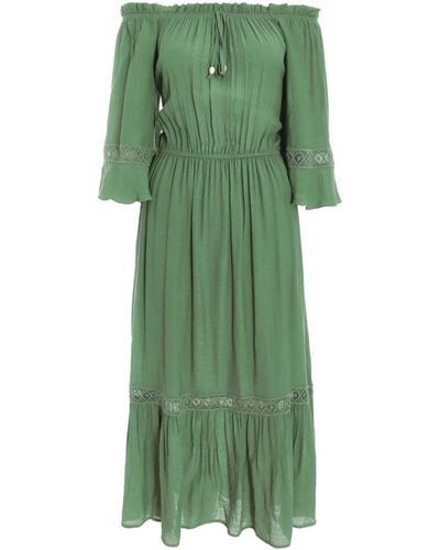 Quiz Khaki Bardot Crochet Midaxi Dress - Green
